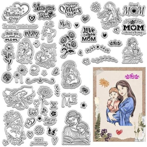 craspire 3 Blatt „Happy Mother's Day“, Transparente Gummistempel „Love Mom“, Vintage, Wiederverwendbare Transparente Silikonstempelsiegel Für Tagebuch- Und Kartenerstellung, Scrapbooking, Fotoalbum