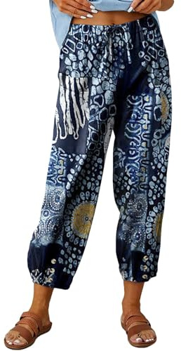ABYOVRT Pantalon 7/8 Femme Été Imprimé Bohème Lin Ample Longueur Pants Cordon pour Décontracté à Jambes Léger en avec Poches Pantalon De Plage,S-XXL