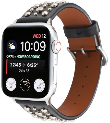 AdirMi Lederarmband im Punk-Stil Kompatibel mit Apple Watch, Glitzerndes Nietenarmband, Ersatzarmband für iWatch Ultra1/2 Serie 9 8 7 6 5 4 3 2 1 SE/SE 2,Black C,41/40/38mm