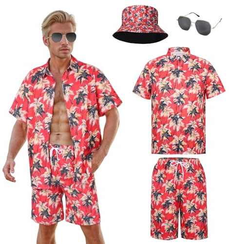 Marypaty Camisa Hawaiana Hombre Camisa de Playa Camisas Causal de Verano para Hombre Pantalones Cortos Conjunto Sombrero Gafas de para El Sol