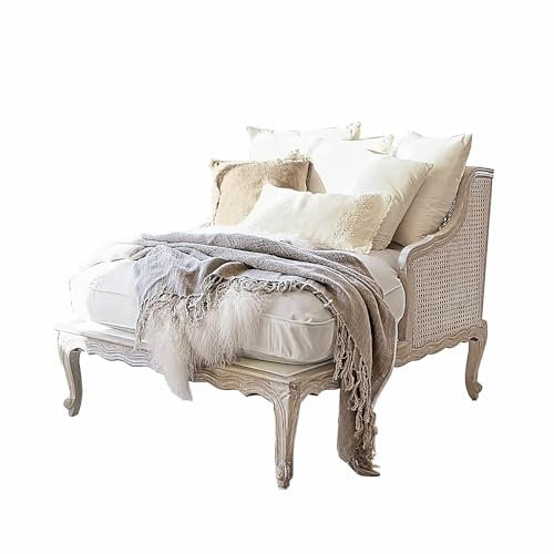 Loberon Chaiselongue Dronne, Edles Wiener Geflecht, inkl. 5 Deko-Kissen, White-Wash-Finish, Sitzmöbel, Mangoholz, Stuhlflechtrohr, Polyester, Creme