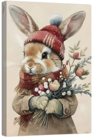 ZQQART Hase Leinwandbild Wandbild Lustiger Kaninchenschal Bild Poster Blumen und Tiergemälde Winter Weihnachten Leinwanddrucke Schlafzimmer Wohnkultur Gerahmt(Rot,30x45cm)