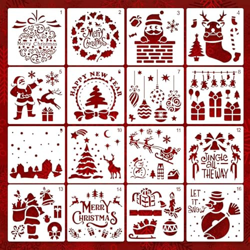 Juego de 16 plantillas de Navidad, plantillas de plástico reutilizables para niños, plantillas de pintura lavables, para ventanas, álbumes de recortes, niños, tarjetas de regalo