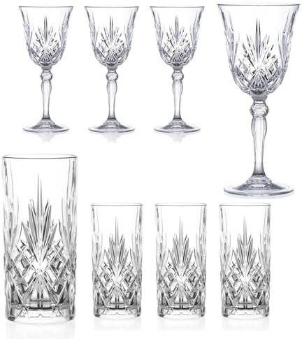 DIAMANTE Chatsworth Crystal Glassware Set – 4 Wine Glasses & 4 Hi Ball Tumblers – Lead-Free Crystal - Gift Packaged