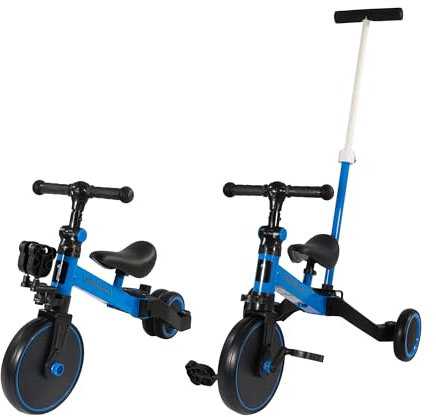 Lemodo Dreirad blau mit Schiebestange – Laufrad, Lauflern-Dreirad höhenverstellbar für Kleinkinder 1-5 Jahre, mitwachsendes Kinderfahrzeug, Kleinkind-Fahrrad aus Metall, stabil, belastbar bis 60 kg