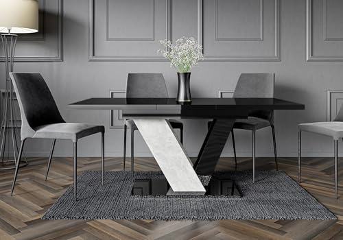 DUBAI Extendable Dining Table 120-160cm, Stone & Black Gloss | Elegant modern design, sturdy construction, easy-to-clean. Accommodates up to 6 people