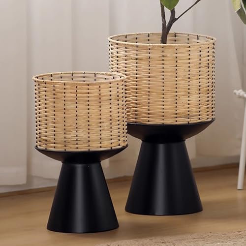 MARIYCH 2er Set Rattan Pflanzenständer, Handgefertigter Deko Blumenständer mit Stabilem Metallfuß, Mid Century Pflanzenhalter für Blumentöpfe