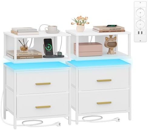 HEXCELEN Table de Chevet, Lot de 2, Table de Chevet Éclairée, 2 Tiroirs et Compartiment Ouvert, Tables d’appoint avec Ports USB et Prises, pour Chambre à Coucher, Salon, 30,1 x 40,2 x 62,1 cm Blanc