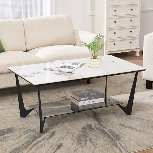 chairus Couchtisch Rechteckig, Marmormuster, 2 Ablagen Stauraum, Weiß | Moderner Beistelltisch mit stilvollem Marmormuster, 60T × 110B × 46H cm, als Sofatisch für Wohnzimmer/Schlafzimmer/Salon