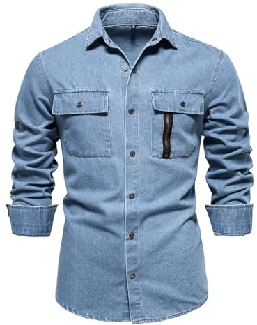 Chemise Jeans Classique Décontractée Pour Homme Chemises Manches Longues Et À Col V Hauts Hommes Automne Et Hiver Noir, Blanc, Bleu Et Gris Slim Fit Denim Casual Men Shirt Vêtements (Light Blue, L)