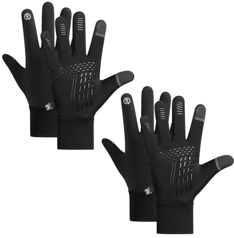 Uoxmiy 2 Pairs Winter Thin Thermal Gloves, Waterproof Windproof Cycling Gloves Anti-Slip Touch Screen for Men Women for Cycling Biking Sports