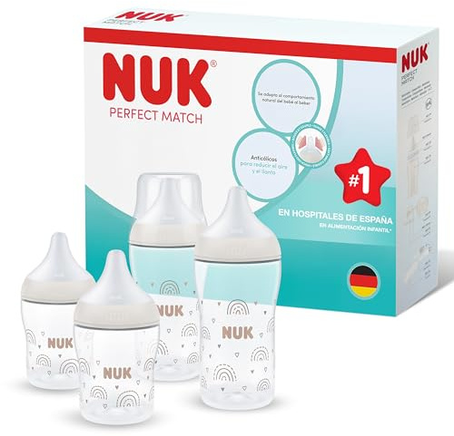 NUK Perfect Match Biberon | 0-3+ mesi | 150 ml & 260 ml | Biberon anti-coliche | PP | Indicatore di controllo della temperatura | Arcobaleno | Confezione da 4