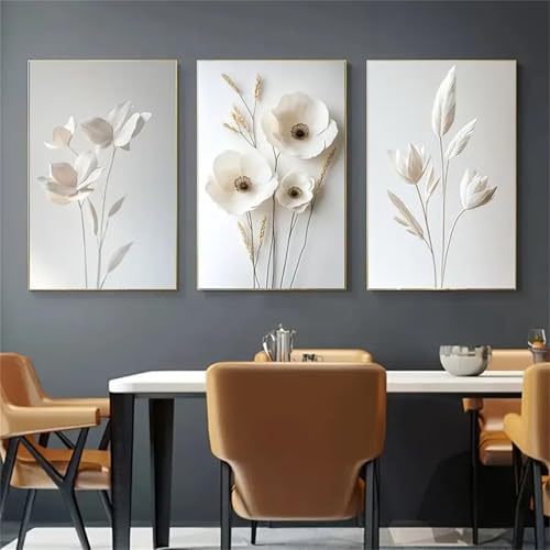 Ueiwffzo 3er Poster Set Weiß Beige Blume Bilder, Aesthetic Moderne Leinwandbilder, Kunstdruck Leinwand Wanddeko für Schlafzimmer, Ohne Rahmen (40x50cm)