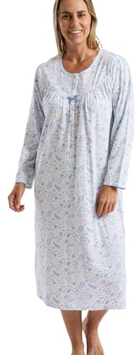 Marlon Women’s Jessie 40” Nightdress – Soft Knitted Jersey Classic Short Nightie With Cosy Long Sleeves & Button Placket – Warm Shorter Length Nightgown, Fun Blue, 16-18