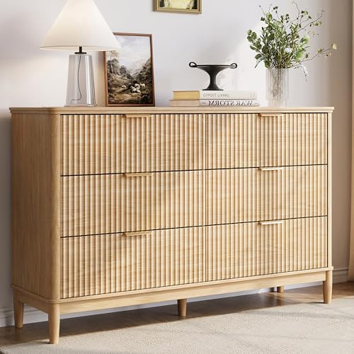LINSY Fluted 6 Drawer Dresser for Bedroom, 54 Wide Mid-Century Modern Tall Chest of Drawers, Deep Storage Dresser with Curved Corner Design, Large Accent Wood Cabinet for Bedroom, Oak