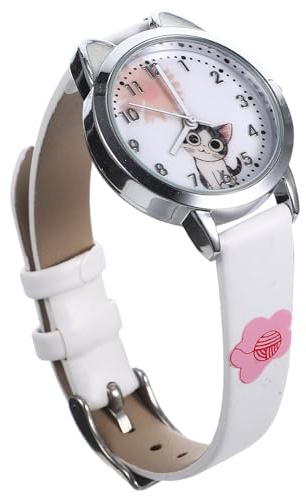 JOINPAYA Orologio da Polso per Ragazza Motivo Gattino Cartoon, Cinturino in Pelle PU Bianco, Meccanismo al Quarzo Preciso, Comodo da Indossare per Ogni Occasione
