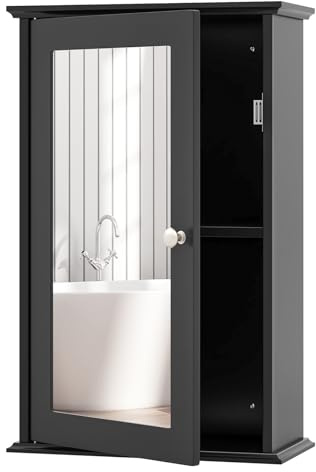 GIANTEX Hängeschrank mit Spiegel, Spiegelschrank Wandschrank eintürig, Badschrank Badezimmerschrank mit verstellbarem Einlegeboden & 2 Fächern, 34x15x53 cm (Schwarz)