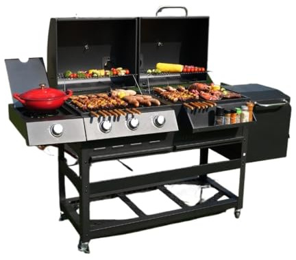 Charcoal Dual Fuel (Charcoal & Gas) Large American BBQ Grill - Stainless Steel Outdoor Backyard Grille for Home