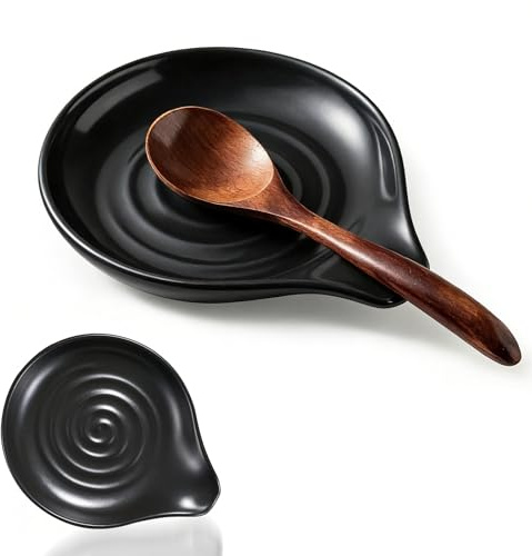 Nangua Ceramic Spoon Holder, 5-inch stovetop Spoon Rest, Heat-Resistant Kitchen Utensil Rack, Suitable for Holding Spoons, ladles, spatulas, Coffee Spoons, Tongs, and Other Kitchen Utensils (Black)
