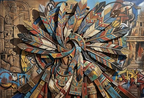 Art de Plumes aztèque et Maya Puzzle en Bois 1000 Pièces Adultes Et Enfants,Jeu Éducatif, Premium,Bois,Casse-tête,Déco Murale,Dès 14 Ans,Anti-Stress,Détente,Défi (75x50cm)