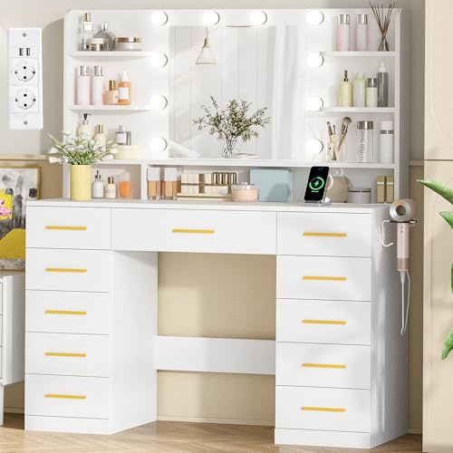 BEWISHOME Grande Coiffeuse avec Miroir Lumières,Prise,3 Couleurs