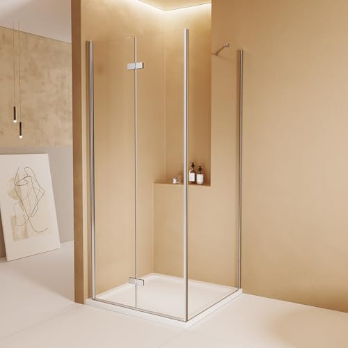 EMKE Eckeinstieg Duschkabine 80 x 90 x 185cm Falttür Dusche 180º Klappbar Duschwand Duschabtrennung mit Seitenwand 6mm ESG Sicherheitsglas