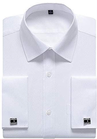 siliteelon Mens White Double Cuff Shirt, French Cuff Formal Dress Shirts (Cufflinks Included) Size: 17.5 Neck-32/33 Sleeve