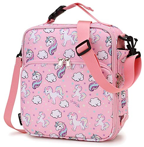 RAVUO Lunch Bag for Girls, Insulated Lunch Box for Kids Cute Unicorn Reusable Lunch Bags with Detachable Shoulder Strap 2 Ways Carrying