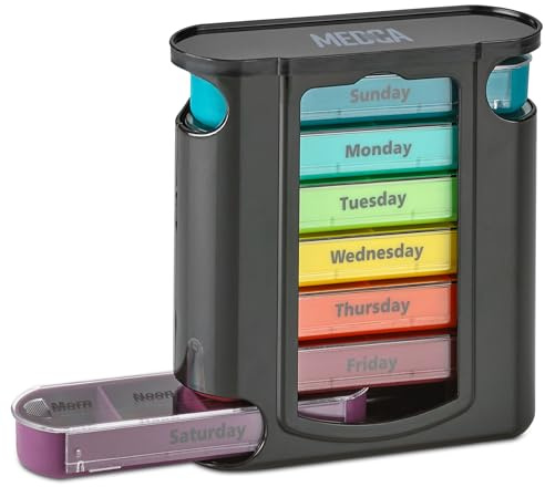 Weekly Pill Organizer, 1 Dispenser, 7 Stackable Compartments Four Times-a-Day - Morning, Noon, Evening, and Bedtime, Black