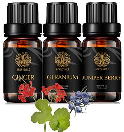 Aromaterapia Geranio Aceite Esencial Set para difusor, 3x10ml 100% puro jengibre aceite esencial Kit para Humidifier- jengibre, geranio, enebro Berry Aceites Esenciales, baya de enebro Aceites Kit
