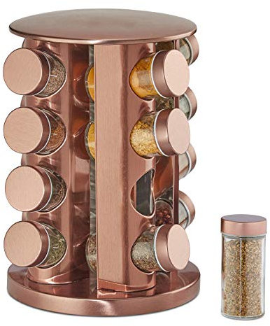 Relaxdays Especiero Giratorio Mediano de Acero, Organizador de Especias Cilíndrico, 16 Botes Cristal, 28x22 cm, Cobre, Inoxidable, 1 Unidad