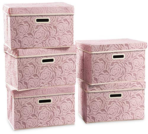 PRANDOM Aufbewahrungsbox mit Deckel,Rosenmuster Stoff Aufbewahrungskörbe,Dekorative Stapelboxen,Würfel,Faltbare Organizer,Boxen,Behälter,Rosa(5 Stück) 38x25x25cm,Schlafzimme,Schrank
