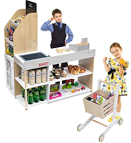 DREAMADE Jouet de Supermarché en Bois pour Enfants, Marchande Enfants avec Chariot,Caisse,Scanner,Tableau Noir et Frigo, Idéal pour Garçons et Filles de Plus de 3 Ans (Jaune+Blanc)