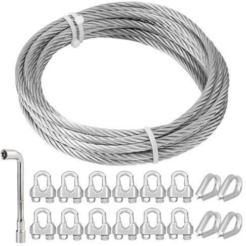 TooTaci Kit di fune metalliche in acciaio inox da 6 mm, cavo metallico Staeel da 5 m / 6 mm con 12 morsetti, 4 ditali per funi metalliche, fune per sollevamento resistente per uso esterno