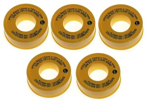 Gewindedichtband GDB 2 (5 Stück), PTFE Teflonband 12 m x 12 mm x 0,1 mm DVGW GRp