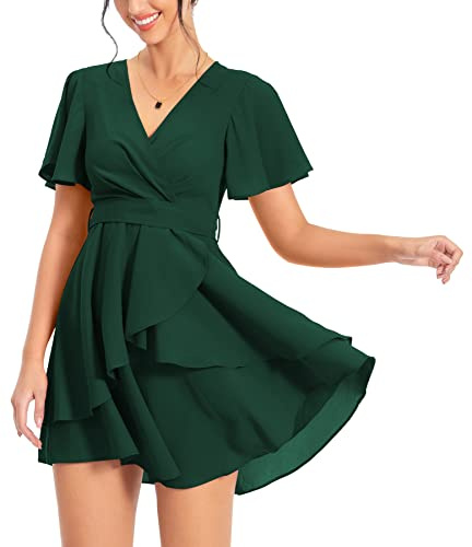 PCEAIIH Women's Deep V-Neck Empire Ruffle Mini Skater Dress