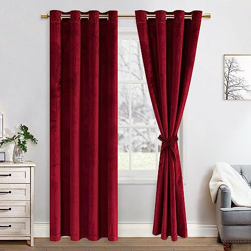 JIUZHEN Samt Vorhang Wohnzimmer Samtvorhang Gardinen Verdunklungsvorhänge | mit Ösen 2er Set Vorhänge Schlafzimmer Kälteschutz Velvet Schalldämmend Curtains, Rot ,H215 x B140 cm