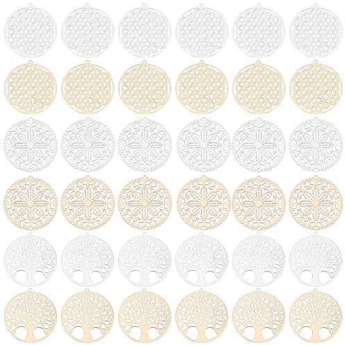 UNICRAFTALE 36 Pz 2 Colori 6 Stili Piatto Rotondo con Fiore Filigrana Ciondoli Rack Placcatura Ottone Albero Della Vita Connettore Charm Free Metal Hollow Charms per Collana Creazione di Gioielli