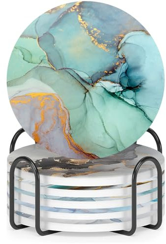 Sigowal Coasters Set of 6, Round Absorbent Ceramic Coasters with Holder, 4 Inches Marble Absorbent Drink Coasters with Non-slip Cork Base for Coffee Table, Mug, Home and Bar, Housewarming Gifts