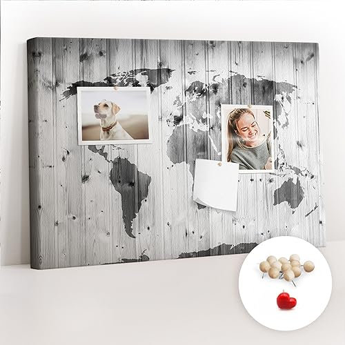 Tulup Pinnwand Tourkarte Korkbrett 60x40 cm Leinwand Memoboard Küche Reise-Tracker - Weltkarte auf Holz