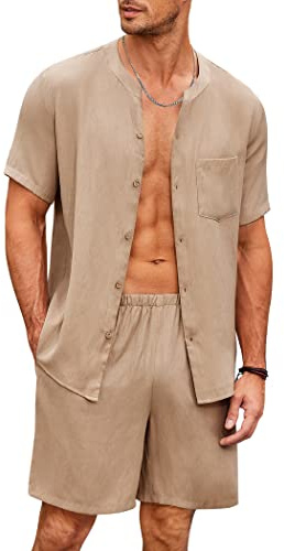 Ekouaer Herren Schlafanzug Kurz Pyjama Baumwolle Kurzarm T-Shirt Pyjamahose Zweiteilig Set Knopfleiste, S-XXL
