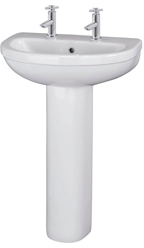 Balterley 555mm Bathroom Sink, Full Pedestal Ceramic Round Bowl Bathroom Wash Basin Sink with Overflow, 2 Tap Hole, Floor Standing Basin Sinks for Cloakroom - 550 x 445 x 845mm (White)