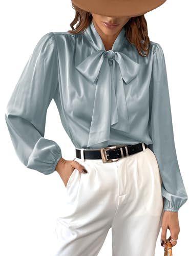 CUPSHE Camicia in raso da donna con papillon, maniche lunghe, collo alto lucido, camicetta casual da lavoro