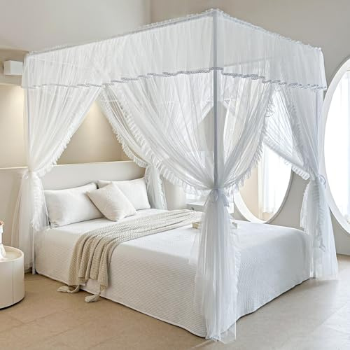 AIKASY Betthimmel-Vorhang mit 4 Ecken, doppelschichtig, gemütlich, Drapiernetz mit 4 Öffnungen, Elegantes Moskitonetz für Mädchen und Erwachsene, Schlafzimmer, Dekoration (Weiß, Queen)