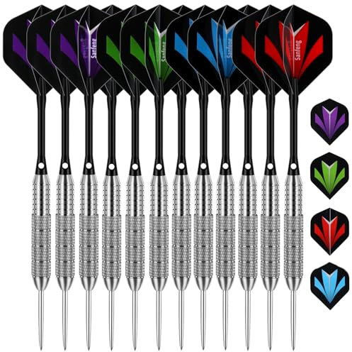 sanfeng 12 Stück Dartpfeile mit Metallspitze, Steeldarts 24 Gramm mit Schwarz Aluminum Schafts 20 Flights in 4 Designs für Dartscheibe