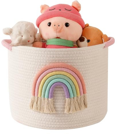 INough Toy Storage Baskets Woven Cotton Rope Storage Basket with Rainbow Decor for Kids, Blanket Baskets for Living Room/Nursery, Toys Organizer Rainbow Baby Gifts Basket Girls Toy Basket with Handle