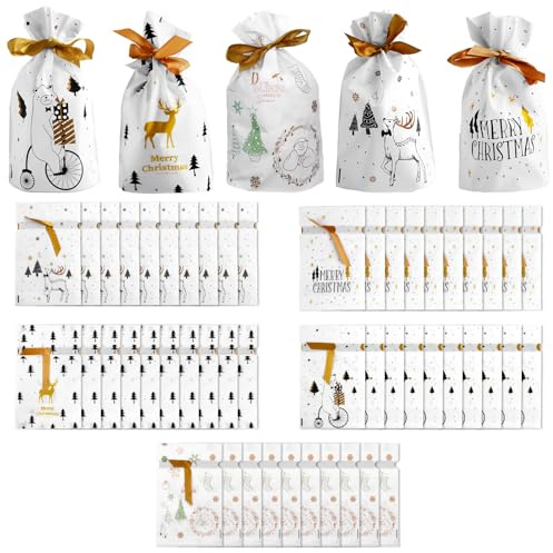 50 Stücke Weihnachten Geschenkbeutel mit Kordelzug,Xmas Party Gunst Taschen,Hochwertige Geschenkverpackungstaschen für Süßigkeiten,Kekse und mehr,Verschiedene Weihnachtsmuster für festliche Dekoration