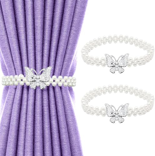 2 Paires d'embrasse pour Rideaux, Pinces à Rideaux Papillon, Attaches pour Rideaux en Perles avec Cordes élastiques en Perles, pour la Maison, l'hôtel, Le Bureau, sans Installation ni perçage