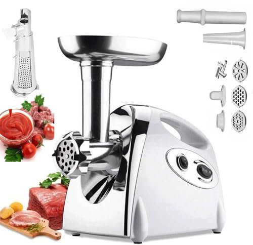 Picadora eléctrica de carne y verduras, rallador de queso y picadora de carne multifuncional, colador de tomates, máquina for hacer salsas, cortador de verduras, procesador, rebanador, trituradora(Whi