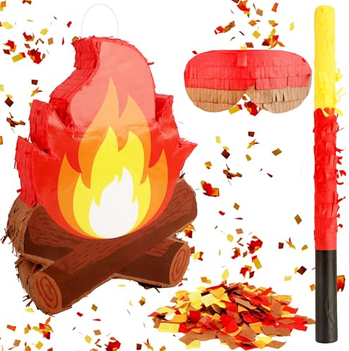 Camping Bonfire Piñata Fake Flame Pinata Adventure Lagerfeuer Pinata mit Stab Augenbinde Konfetti und Aufhängeschlaufe für Camping Abenteuer Geburtstag Party Dekoration Requisiten, 40,6 x 30,5 cm